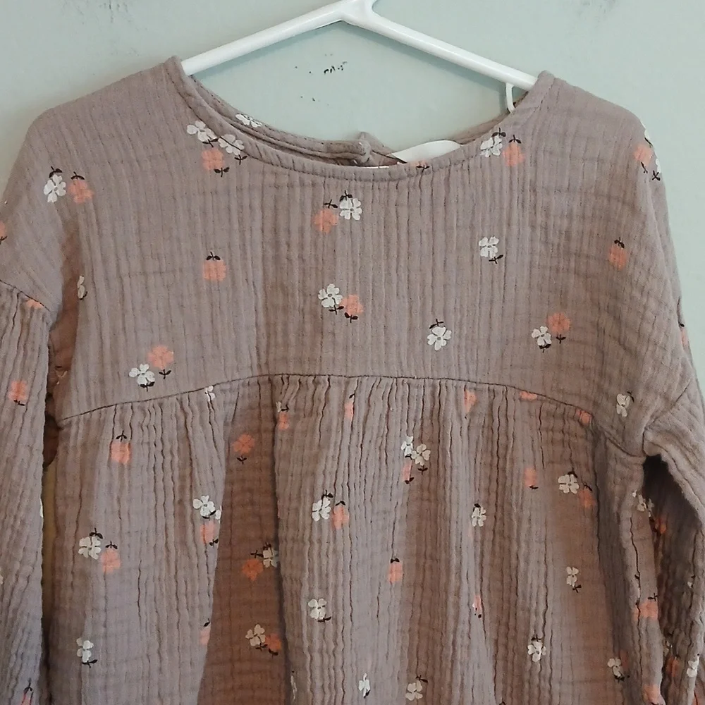 H&M Girl's Tan Floral Long-Sleeve Cotton Dress Size 6